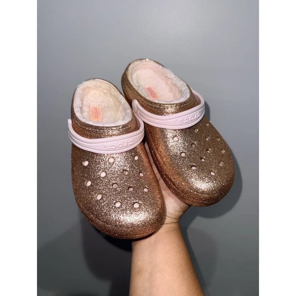 Crocs Classic Pink RoseGold Glitter Girl's J5 Faux Fur Lined Clogs Bling Flash R